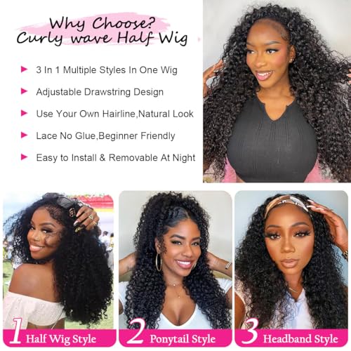 Half Wig Human Hair 200 Density 20 Inch3 In 1 Seamless Flip Over Glueless Wigs Human Hair with Drawstring Beginner Friendly Jerry Curly Half Wig Headband Wig Human Hair for Women Invisible Hairline