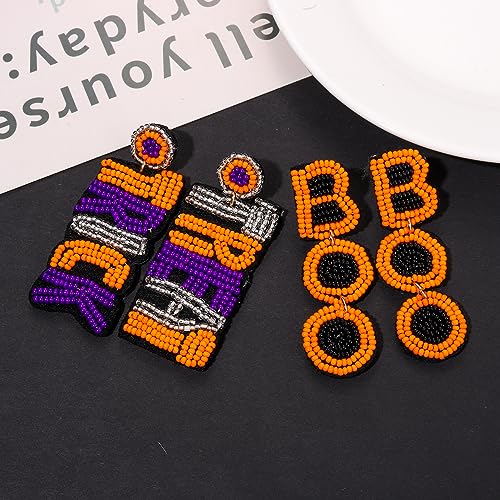 Halloween Earrings Set Beaded Boo Ghost Dangle Earrings for Women Spooky Skeleton Earrings Halloween Costumes Party Jewelry Gifts (Boo&Trick Treat)