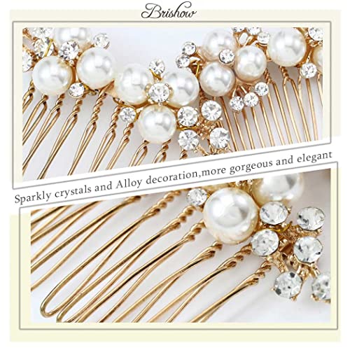 Brishow Wedding Hair Combs Gold Pearls Bridal Hair Accessories Crystal Brides Headpiece Hair Clip for Women and Girls 2 Pieces (Gold)