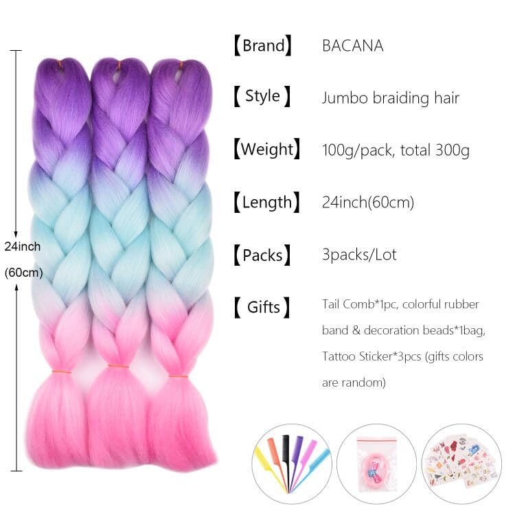 BACANA Pink Ombre Braiding Hair Kanekalon Purple Blue Pink Mermaid Color 3Packs Jumbo Braiding Hair Supplies Synthetic Hair for Braiding 3Tone Ombre Real Soft Healthy (Purple/Maldives Blue/Pink)