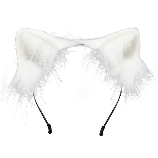 Cat Ears Long Fur Headband Handmade Cute Halloween Fancy Dress Cosplay Animal Furry Wolf Ears Hair Hoop (White)