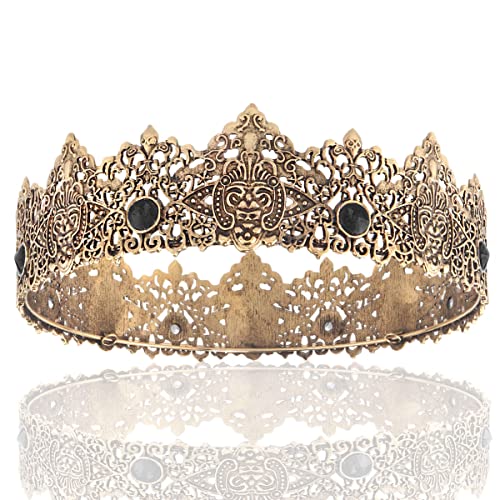 LEEMASING King Men Gold Tiara Crown Imperial Medieval Headband Crystal Pageant Costumes For Wedding Halloween Faire Birthday (Dark Gold With Black Stone)