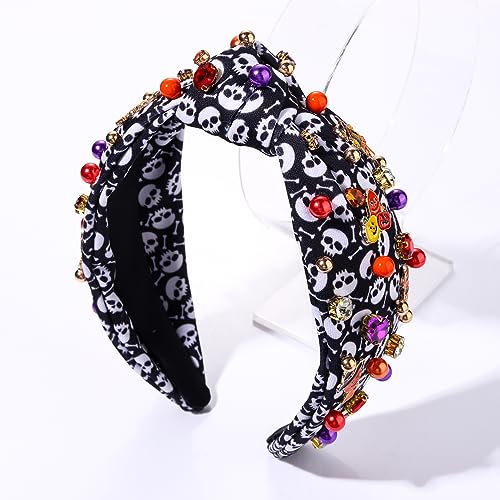 Halloween Headbands Halloween Knotted Headband for Women Pumpkin Witch Hat Charms Crystal Embellished Skull Print Wide Top Knot Hairband