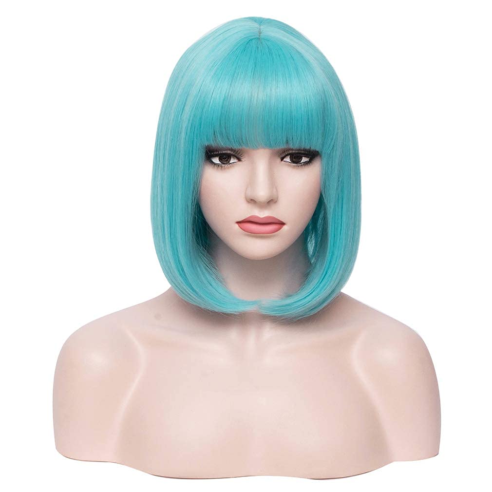 BERON 12 Inches Blue Bob Wig Short Straight Light Blue Wig with Bangs Teal Blue Wig for Women Halloween Cosplay or Daily Use Wigs (Light Blue)