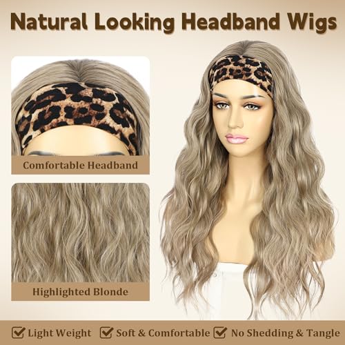 SAPPHIREWIGS Brown Headband Wigs Synthetic Long Loose Wavy Hair Mix Light Brown Hair Glueless Headband Wigs Body Wave Wigs for Women Half Wigs with Headbands Attached Daily Use 26 Inch