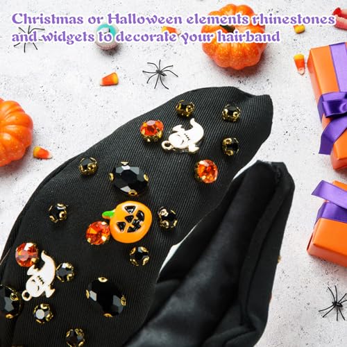 Winmany Halloween Rhinestone Headband Crystal Knotted Beaded Jeweled Headbands for Women Ghosts Pumpkin Charm Candy Corn Top Hairband Halloween Costume Hair Accessories (Black)