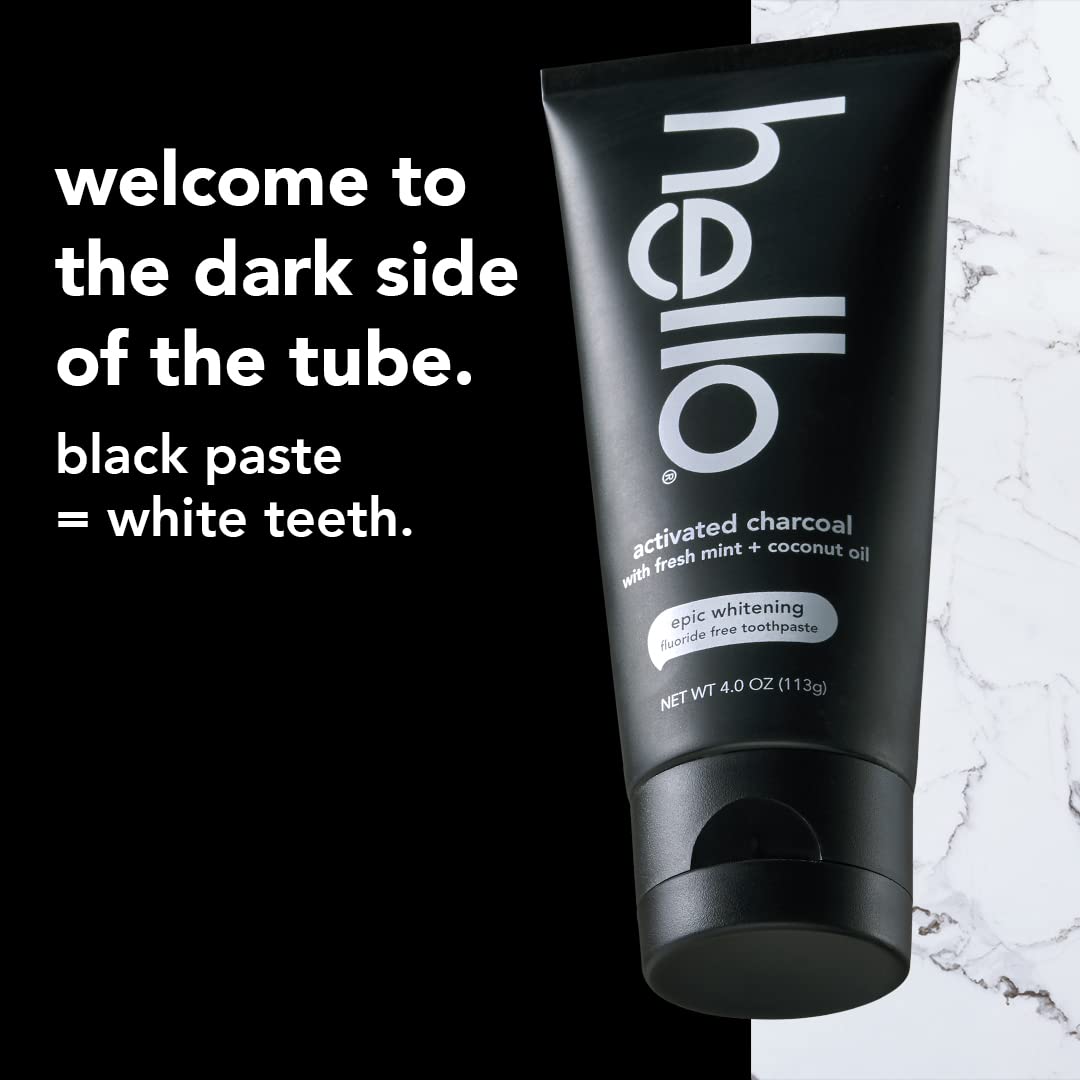 Hello Peace Out Plaque, Antigingivitis Alcohol Free Mouthwash, Natural Mint with Aloe Vera & Activated Charcoal Epic Teeth Whitening Fluoride Free Toothpaste and Toothbrush