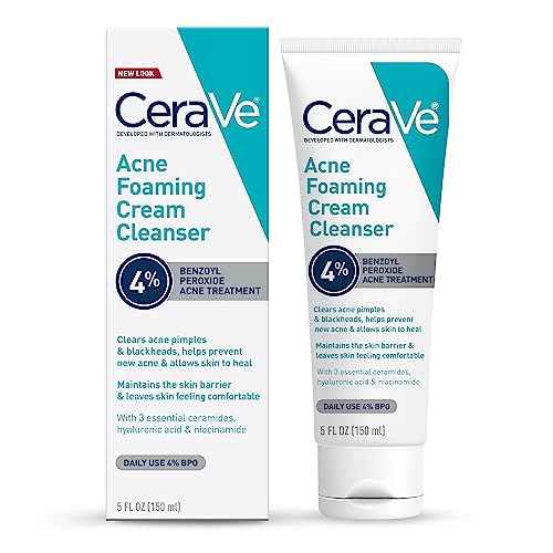 CeraVe Acne Foaming Cream Cleanser, 4% Benzoyl Peroxide Face Wash With Hyaluronic Acid, Niacinamide & Ceramides, Gentle Daily Acne Treatment For Face
