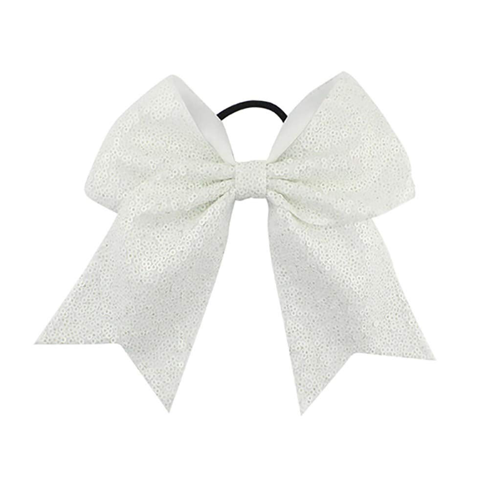 Girls Cheer Bow Ponytail Holder Big Hair Bow Tie with Glitter Sequins Bowknot JB80 (White Black)