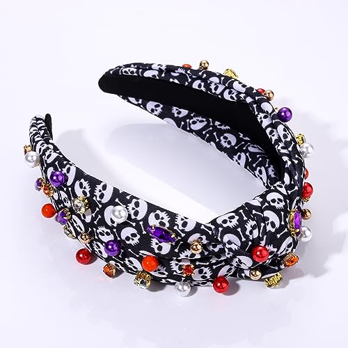 HSWE Halloween Headband Crystal Knotted Headband for Women Pearl Rhinestone Jeweled Embellished Skull Print Wide Top Knot Hairband Halloween Costume Cosplay Party Decoration