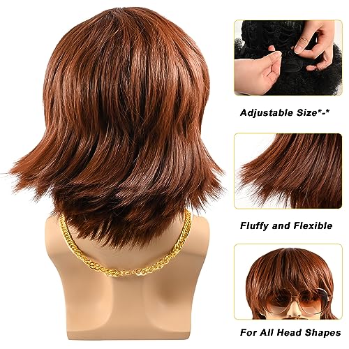 5Pcs 70s 80s Disco Wigs Set with Mustache Sunglasses Gold Chain Hairnet, Brown Afro Short Hair Synthetic Mullet Toupee for Adult Mens 50s 60s Singer Rocker Hippies Costumes Cosplay Halloween Party