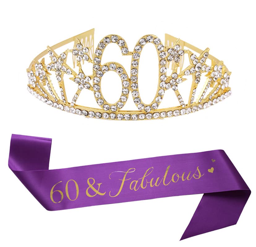 Happy 60th Birthday Tiara and Sash Gifts Crystal Rhinestone Princess Crown Birthday Queen Party Favor Supplies Gold Crowns Purple Sash