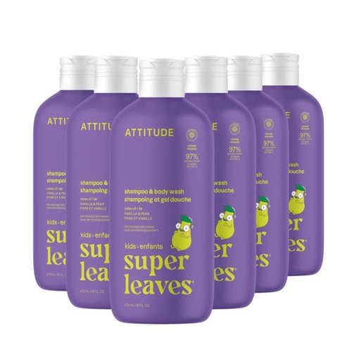 ATTITUDE Kids Shampoo & Body Wash - EWG Verified, Vegan Vanilla & Pear, 16 Fl Oz (Pack of 6)