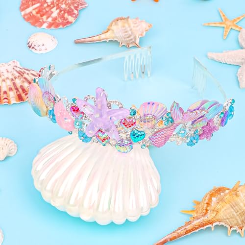 CAVETEE Mermaid Birthday Crown, Mermaid Rhinestones Tiara Mermaid Party Tiara Birthday Party Crown for Women, Party Favor Hair Accessories for Birthday Prom Theme Party Halloween