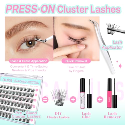 CALAILIS Self Adhesive Eyelashes 60Pcs D Curl Press on DIY CLuster lashes No Glue Needed Wispy Lash Clusters Pre Glued Reusable Glueless Eyelash Clusters Kit with Tweezers for Beginners (703)