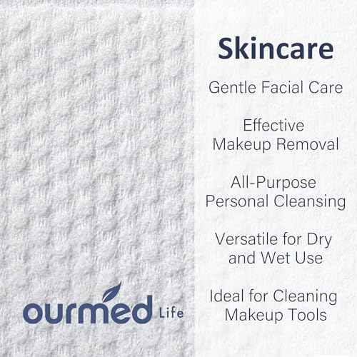 Ourmed Life Face Towels, Disposable Biodegradable Clean Facial Towels for Sensitive Skin, Lint- free Face Cloths for Makeup Remover, Skincare and Women Cleaning, Dry Wipes,100 Count Dot Texture