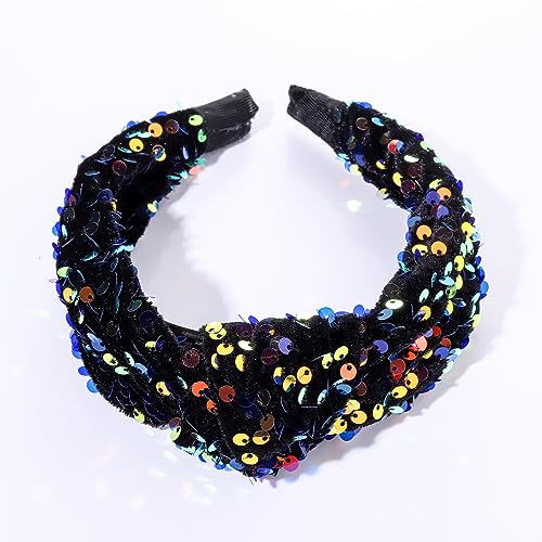 HEIDKRUEGER Knotted Sequins Headbands Soft Twist Hairband Bar Stage Sing Dance Party Headband Sparkle Glitter Hair Accessories for Women and Girls (Black)