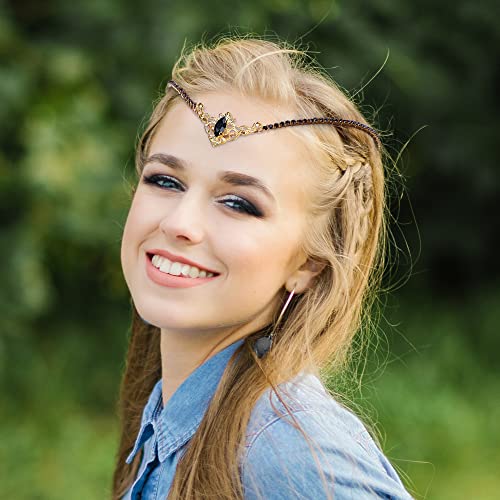 MOSTORY Handmade Dark Fairy Headpiece for Wedding Golden V-shape Crystal Tiara Headband for Princess Black Rhinestone Crown for Women Cosplay Costume Birthday Party Prom Fae Ball Renfaire Accessory