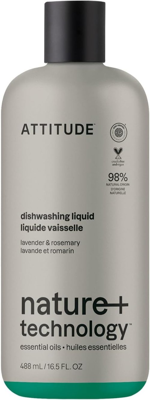 ATTITUDE Dish Soap - Plant-Based, EWG Verified, Lavender & Rosemary Scent | 16.5 Fl Oz Vegan Liquid