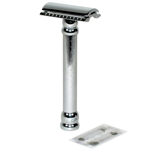 MERKUR 47C Double Edge Safety Razor - Long Handle, Chrome Finish, Engine-Turned Grip for a Smooth Shave