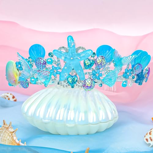 Casoty Mermaid Crown, Adjustable Seashell Mermaid Tiara, Rhinestones Mermaid Hair Accessories for Women Girls, for Birthday Halloween Costume Party