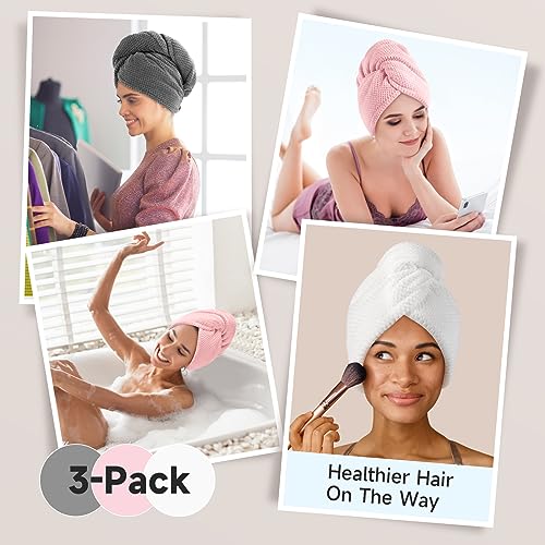 Umisleep 3 Pack Microfiber Hair Towel Wrap for Curly Hair, Super Absorbent Hair Drying Towel for Women, Kids, Hair Care Accessories, Hair Turban for Wet Hair (Grey, White, Pink)