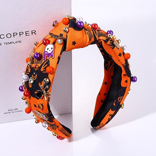 Halloween Headband Purple Spooky Beaded Knotted Headband for Women Sparkle Pearl Rhinestone Pumpkin Spider Bat Skeleton Ghost Charm Wide Knot Headpiece Orange Cat Star Print Hairband Halloween Party