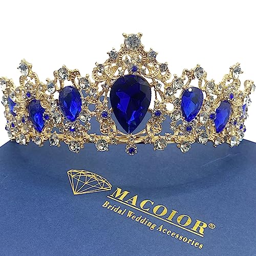 MACOIOR Baroque Royal Queen Crowns and Tiaras for Women,Crystal Rhinestone Costume Party Festival Wedding Tiaras Headbands (Blue)