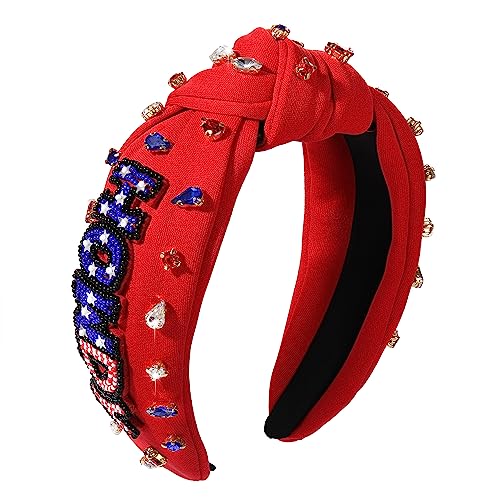 4 th of July Headband for Women American Flag Star Beaded Knotted Headband Headpiece Fourth of July Hairband USA Patriotic Red White and Blue Crystal Jeweled Embellished Headband Boho Wide Top Knot Twisted Hairband Hair Accessories Gift (patriotic headban