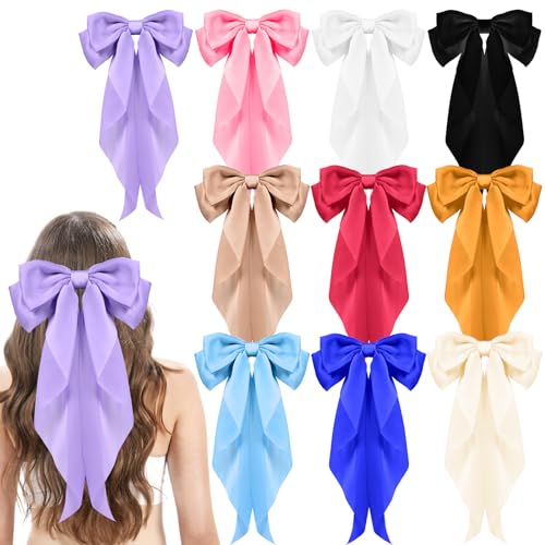 10 Pack Large Hair Bows for Women Girls, Hair Accessories Ribbon Bow Hair Clips Silky Satin Big Hair Bows French Bowknot Hairpin for Long Hair, Curly, Short Hair, Straight