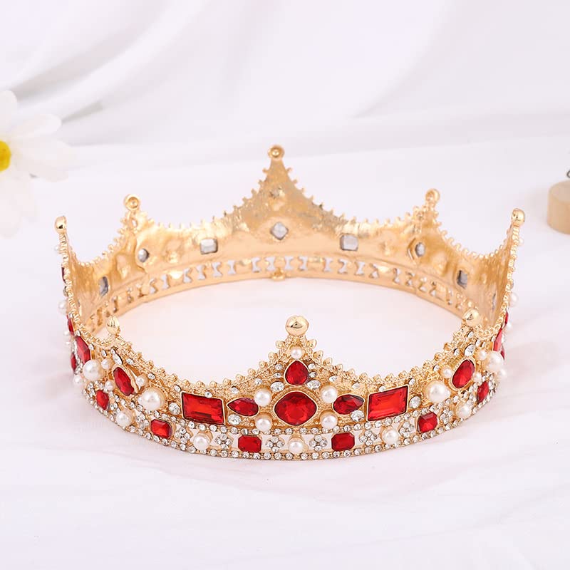 King Crystal Wedding Tiara Vintage Rhinestone Crown Hair Bands For Men Birthday Prom Pageant Hair Accessories (Gold With Red Stone)