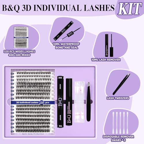 Lash Extensions Kit for Beginners 3D Eyelash Extension Kit 320pcs 40D+50D Lash Clusters Kit 8-18 Mixed Lash Kit Fluffy Individual Lashes Kit with Lash Bond Seal Remover(Q40D+Q50D-8-18MIX)