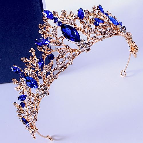 S SNUOY Royal Queen Crowns Crystal Tiaras and Crowns for Women Flower Crown for Birthday Party Headband - Blue&Gold