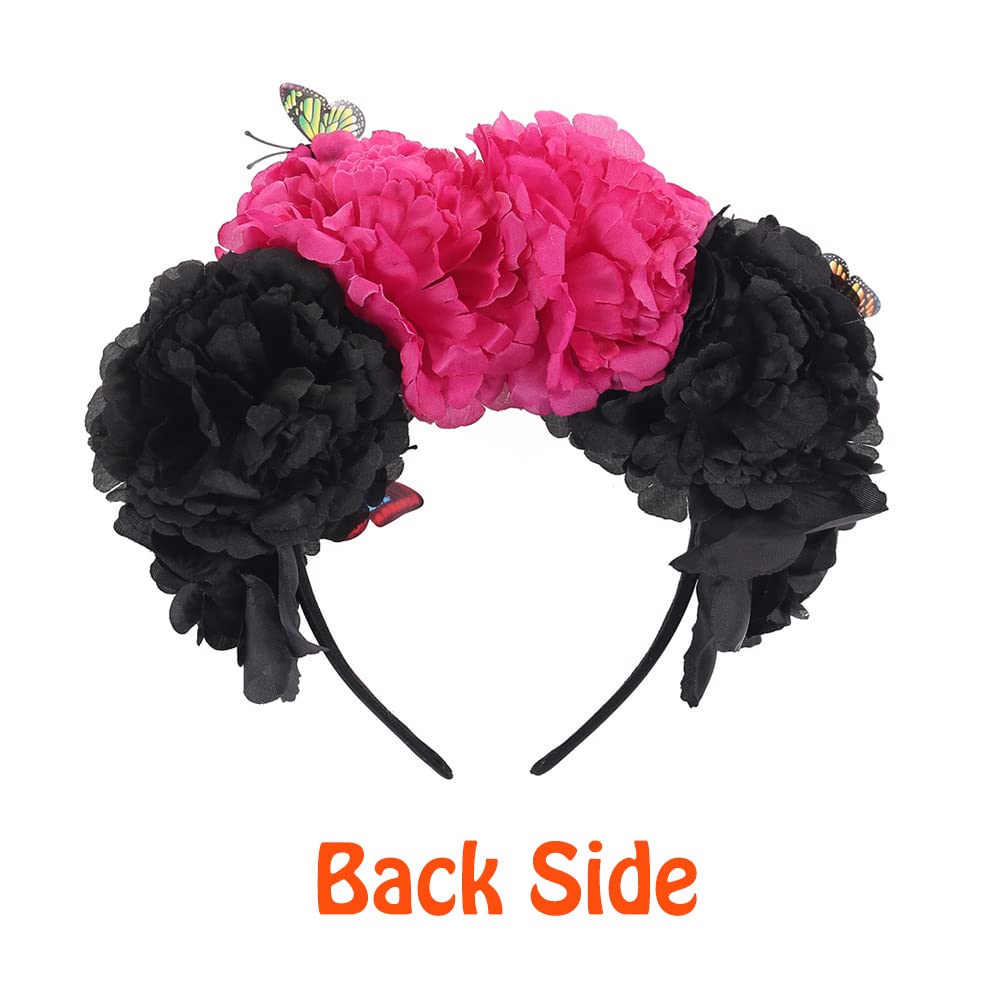 Mexican Flower Crown Headband with Butterfly, Day of the Dead Headpiece, Halloween Festival Headwear, Dia De Los Muertos Hairhoop(Mexican A)