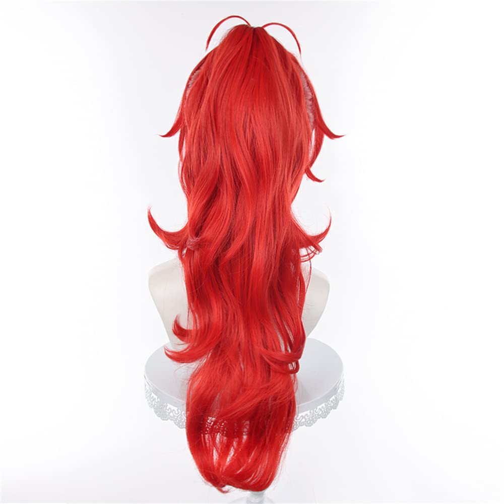 Mystylecos Genshin Impact Cosplay Wig Diluc Red Long Ponytail Reverse Curly Wig