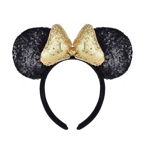 A Miaow 3D Black Mouse Sequin Ears Headband MM Glitter Butterfly Hair Clasp Park Supply Adults Women Photo Accessory (Black and Golden)