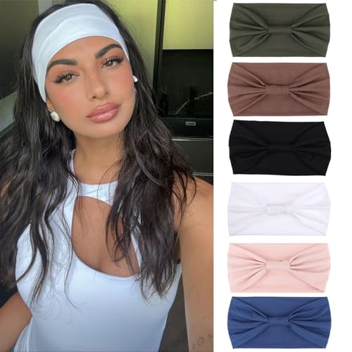 XTREND Wide Headbands Knotted Head Wraps Non Slip Stretch Headband Women's Hair Thin Headbands Turban Sports Hairband Girls Head Bands Accessories 6 Pcs（Army Green, Coffee, Black, White, Pink, Blue）