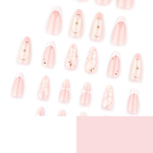 Mivota French Press On Nails Almond Medium, Fall Fake Nails Adorned with White Petal Accents and 3D Gold Lines Design, Glossy Gel Finish Acrylic Nails, Reusable Glue On Nails for Women, 24Pcs