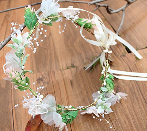 Vivivalue Pearl Flower Crown Floral Garland Headband Flower Halo Headpiece Hair Wreath Boho with Ribbon Wedding Party Photos Festival