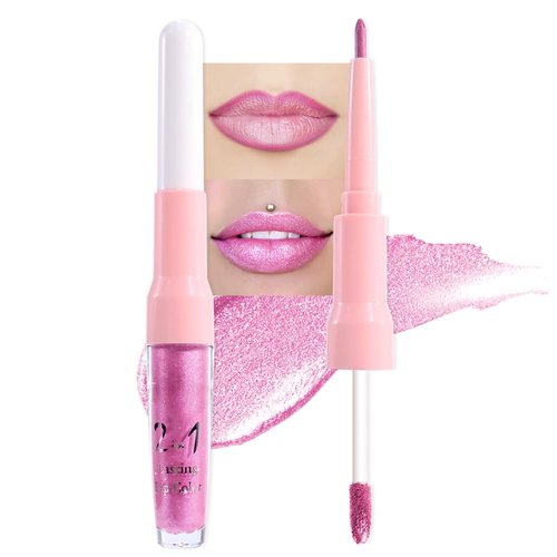 Evpct Pink Metallic Glitter Lip Liner & Lipstick Combo - Long-Lasting Waterproof Rose Pink Shimmer Set