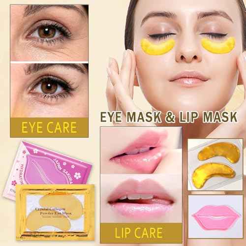 30 Pairs 24K Gold Eye Masks & Lip Masks, Crystal Collagen Gel Under Eye Patches for Puffiness and Dark Circles, Hangover Kit, Bulk Gifts, Party Favors Adults, Bachelorette Party Accessories, Skincare