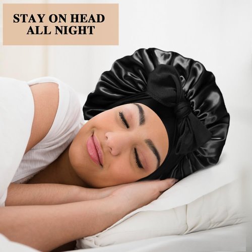 2+3 Large Satin Bonnets with Scrunchies for Women, Hair Bonnet Sleeping Tie Bonnet for Braids Curly Hair, D