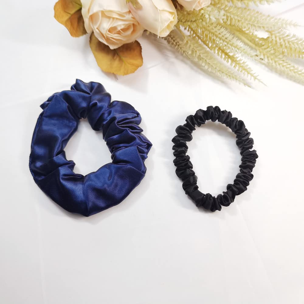 Pure Mulberry Silk Scrunchies Hair Accessories Hair Ties Elastic Satin Hair Band for Breakage Prevention (Large Silk Navy Blue+Small Silk Black)