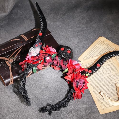 MOSTORY Handmade Black Ox Horn Headband - Gothic Halloween Headband with Flowers Devil Hairband with Skull Dark Accessory for Cosplay Renaisssance Day of the Dead