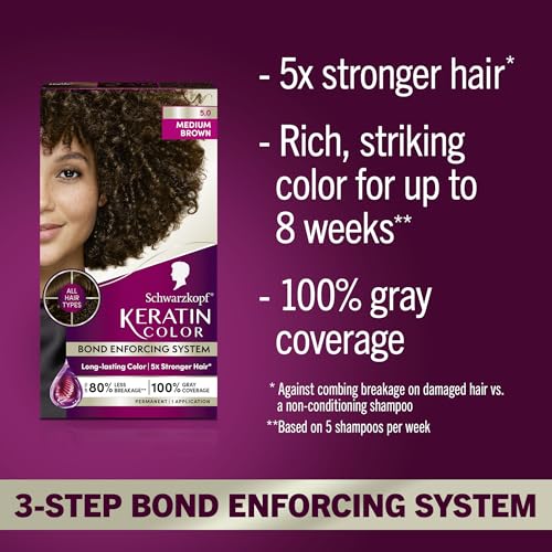 Schwarzkopf Keratin Color Permanent Hair Color, 5.0 Medium Brown, 1 Application - Salon Inspired Permanent Hair Dye, for up to 80% Less Breakage vs Untreated Hair and up to 100% Gray Coverage