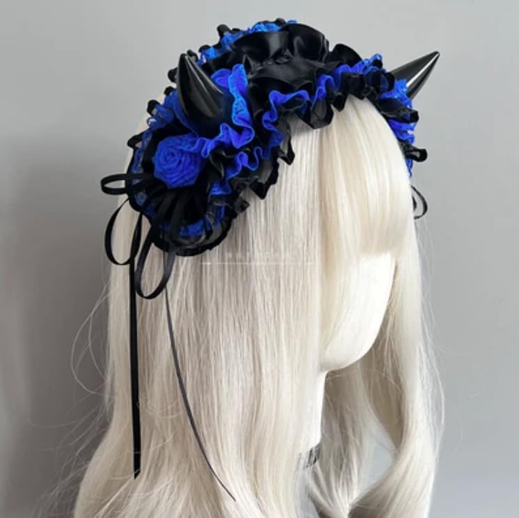 CoBtee Gothic Lolita Headdress Lace Devil Horns Cosplay Headbands Hair band Hair Accessories Headwear Halloween Party (blue/devil horns)