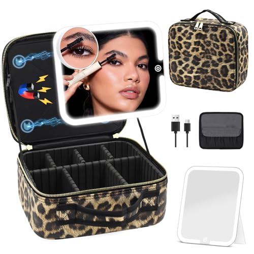 Makeup Bag with Magnetic Detachable Lighted Mirror, Travel Makeup Bag with Mirror 360¡Æ Angle, PU Leather Makeup Organizer Bag with Mirror and Lights, Portable Cosmetic Case Accessories Train Case Gift