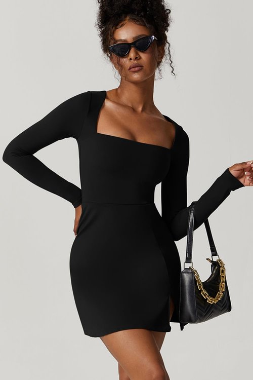QINSEN Women's Long Sleeve Square Neck Mini Dress High Waist Party Club Outfit Black S