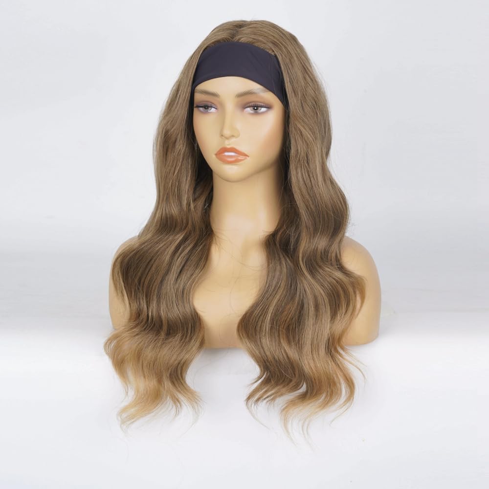 Long Wavy Headband Wigs for White Women, Gluless Wear and Go Half WIg, Natural Looking Synthetic Wig with Headband Attached Heat Resistant (Brown mixed Blonde)