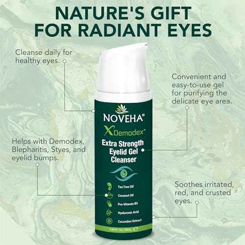 NOVEHA Demodex Extra Strength Eyelid Gel Cleanser - for Demodex, MGD and Dry Eye with Pro-Vitamin B5, Tea Tree Oil, and Hyaluronic Acid - Gentle Cleansing, Soothes Itchy Eyelid - 50mL (1 Pack)